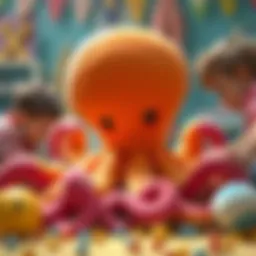 A colorful octopus plush toy surrounded by children playing