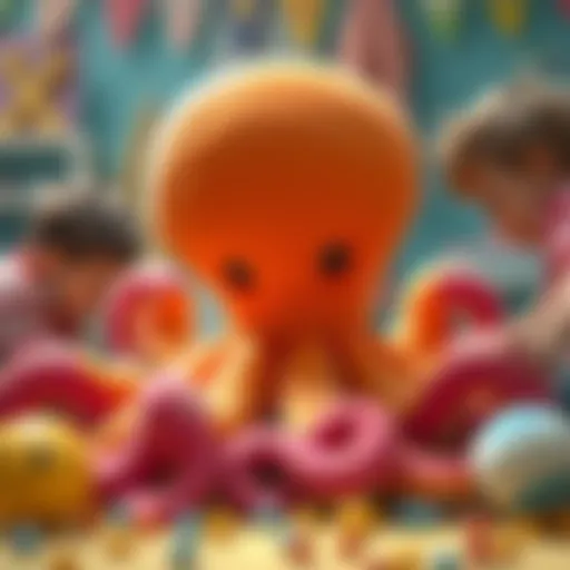 A colorful octopus plush toy surrounded by children playing