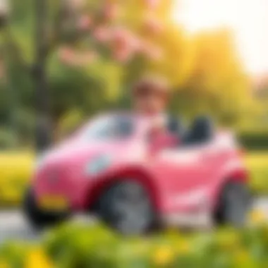 Child enjoying a ride in a pink electric car in a park