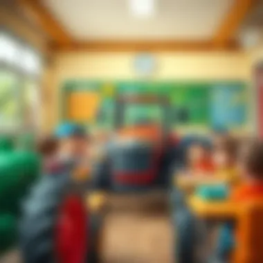 A classroom setting with children learning about tractors