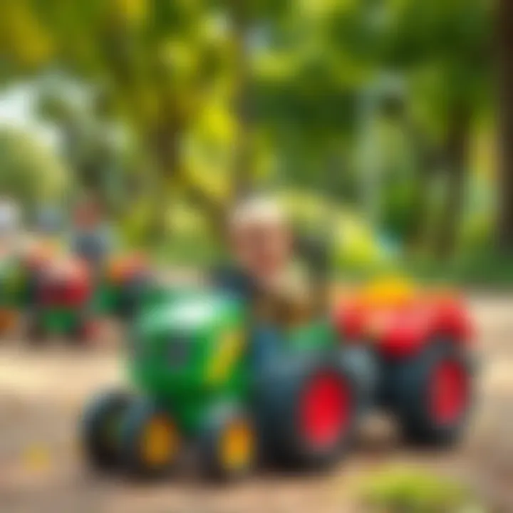 Children playing with toy tractors in a park
