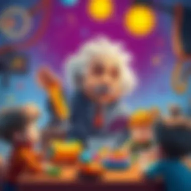 A colorful illustration of Albert Einstein engaging with children, showcasing creative activities.