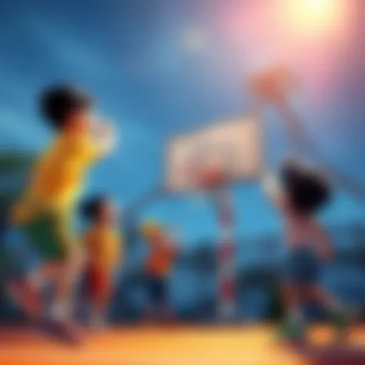 Children enjoying basketball with a freestanding hoop