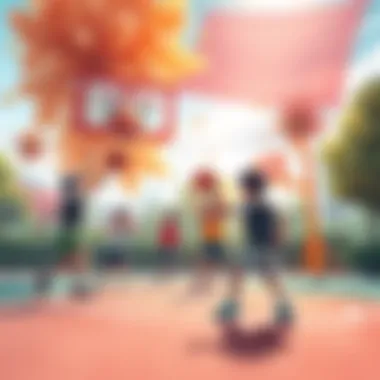 A vibrant outdoor scene showcasing kids playing basketball