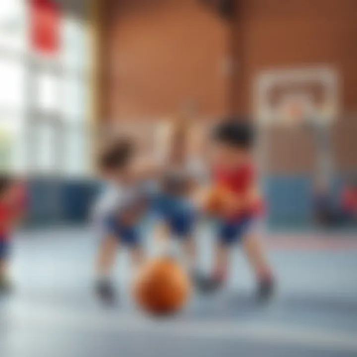 Group of kids demonstrating teamwork while playing basketball