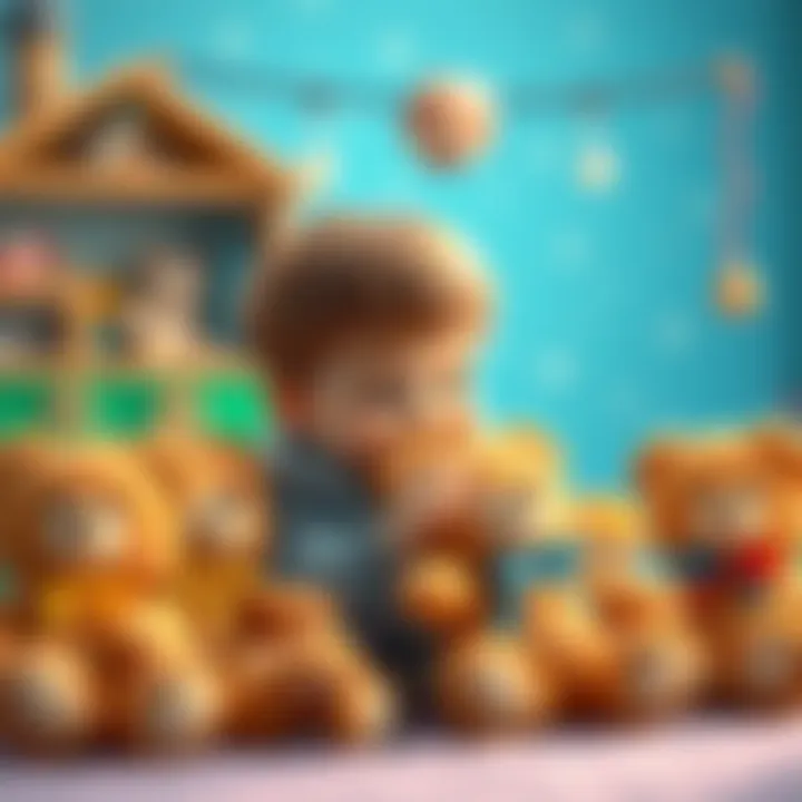 A child interacting with multiple teddy bears, representing social skills development