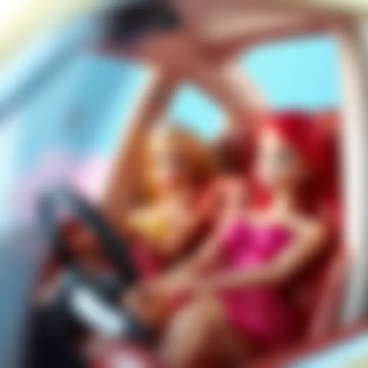 Close-up of Barbie dolls in the Extra Car fostering creativity.