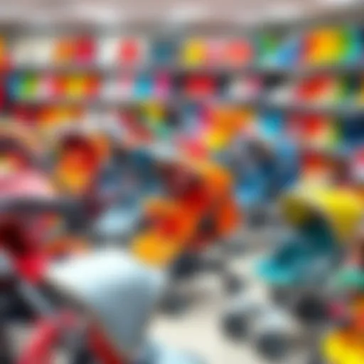 A diverse selection of baby strollers in a store display.