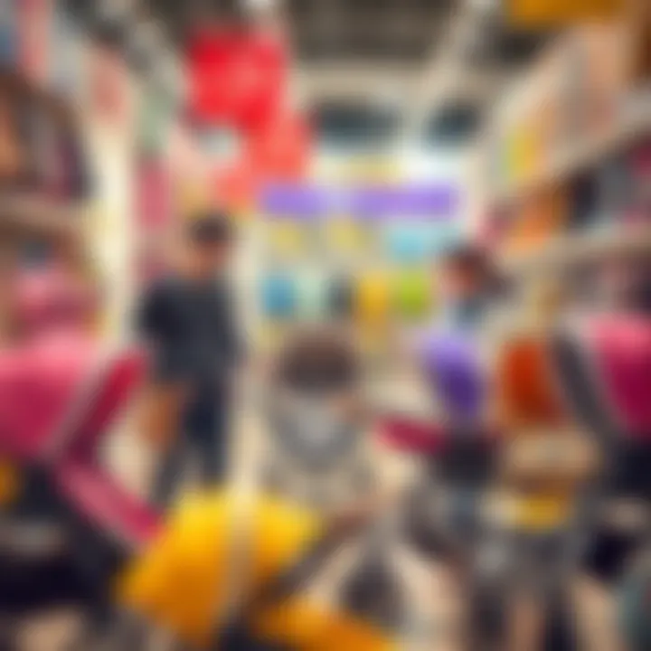 Parents examining baby strollers in a shop, discussing their choices.