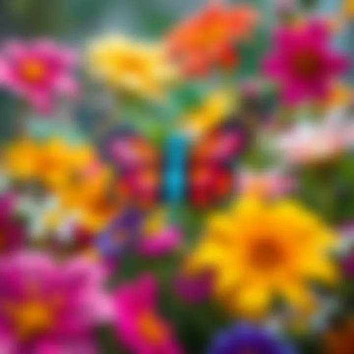 A close-up of a butterfly toy surrounded by flowers