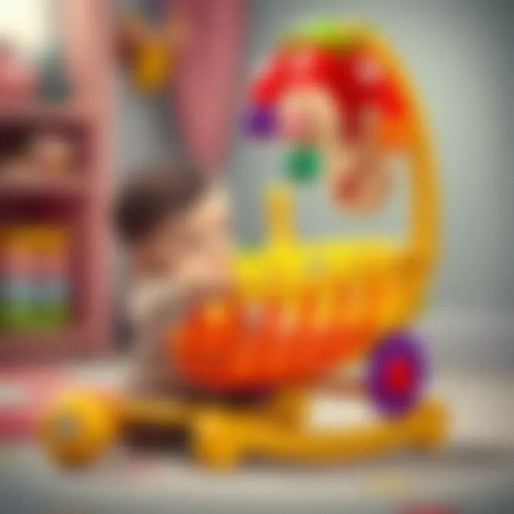 Child interacting with a colorful toy cradle