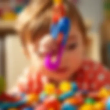 A close-up of a child grasping a tongs to pick up colorful objects, illustrating developmental play