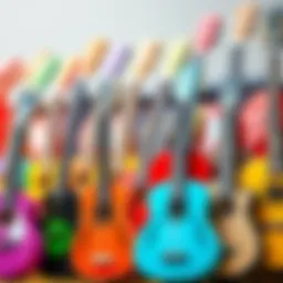 Colorful child guitars displayed together