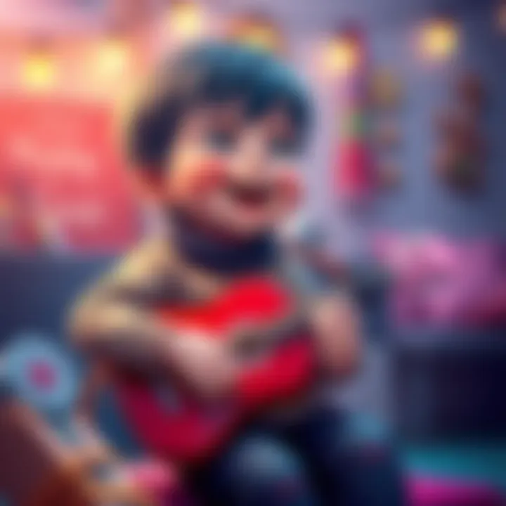 Child playing guitar with joy