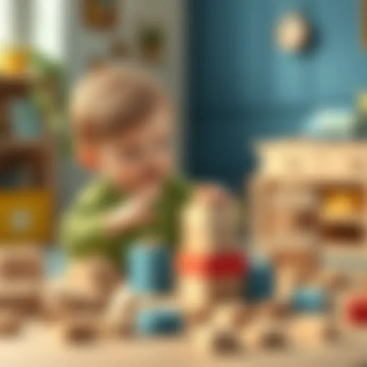 Child playing with a wooden building block set