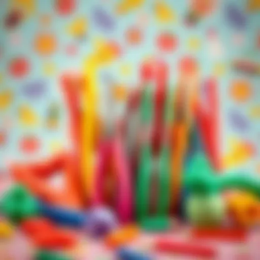 A colorful collection of child-friendly toy tongs arranged on a playful background