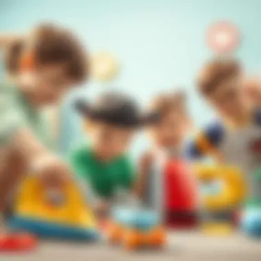 A group of children interacting with toy irons in a collaborative play.