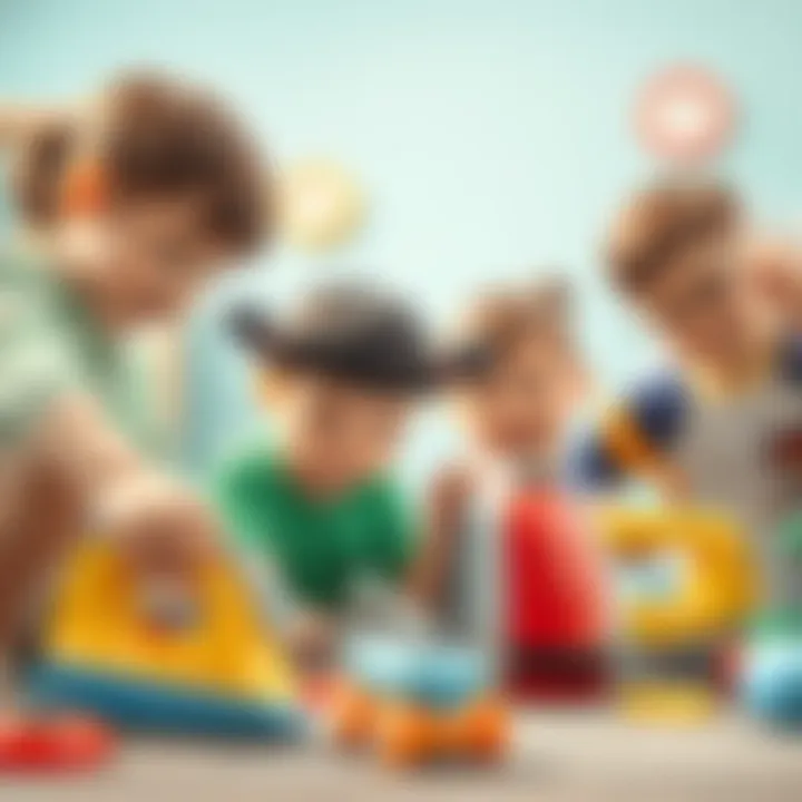 A group of children interacting with toy irons in a collaborative play.