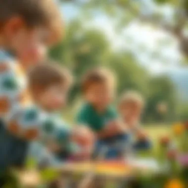 Children engaging in a finger painting activity outdoors