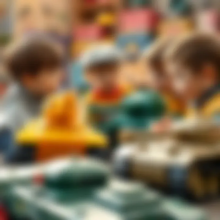A group of children interacting while playing with tank toys, promoting social skills.
