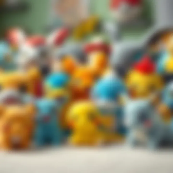A detailed view of various plush Pokémon, highlighting their distinct features and textures.