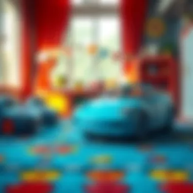 A colorful playroom featuring vibrant car-themed rugs, enhancing children's play experience.