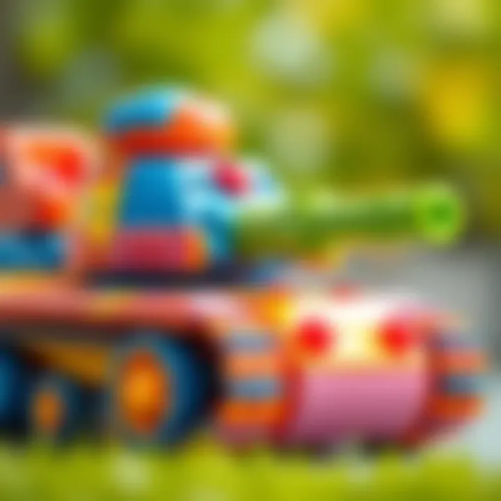 Close-up of a colorful tank toy, emphasizing motor skill development.
