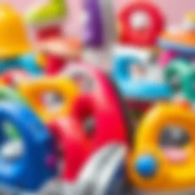 Close-up of colorful toy irons arranged in a playful setting.