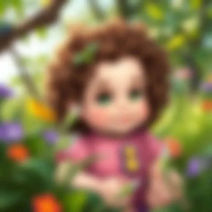 An artistic representation of a curly-haired baby girl surrounded by nature.