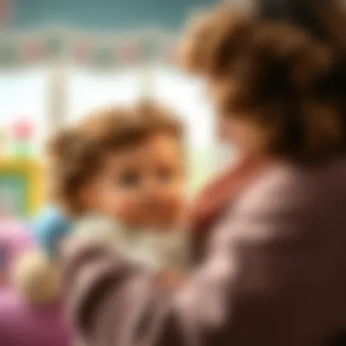 A serene moment of a curly-haired baby girl during a parent-child interaction.