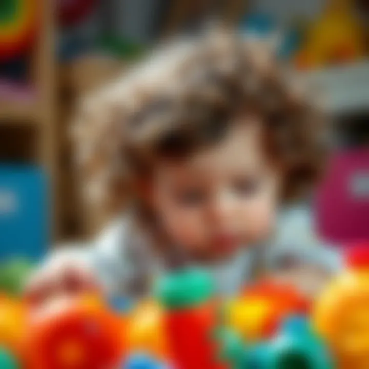 A close-up of a curly-haired baby girl playing with colorful toys.