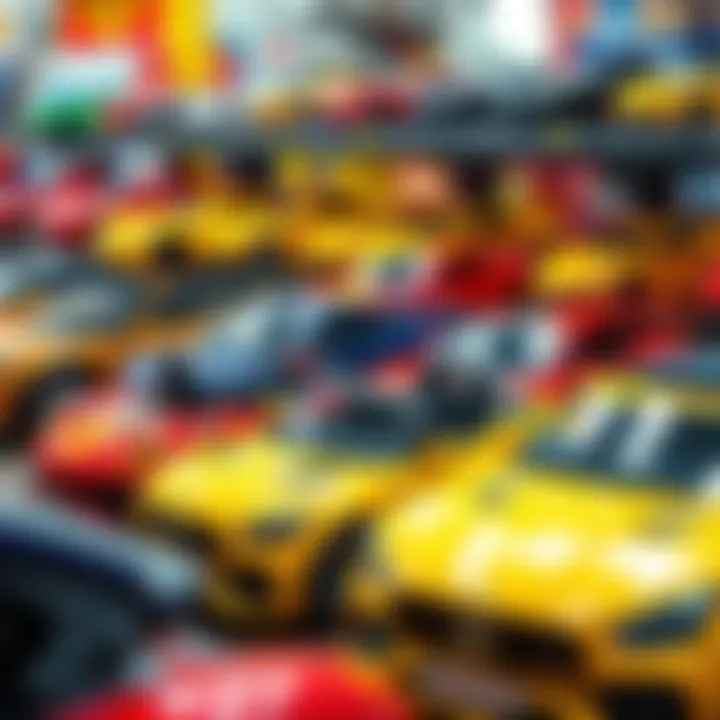 Different brands of battery-powered cars displayed in a store