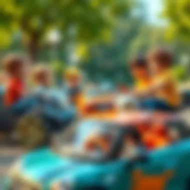 Children interacting and playing together with battery-powered cars in a social setting