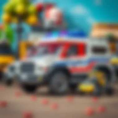 An educational setup displaying various cop truck toys for children