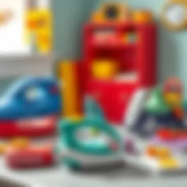 An educational setup with toy irons and learning materials.