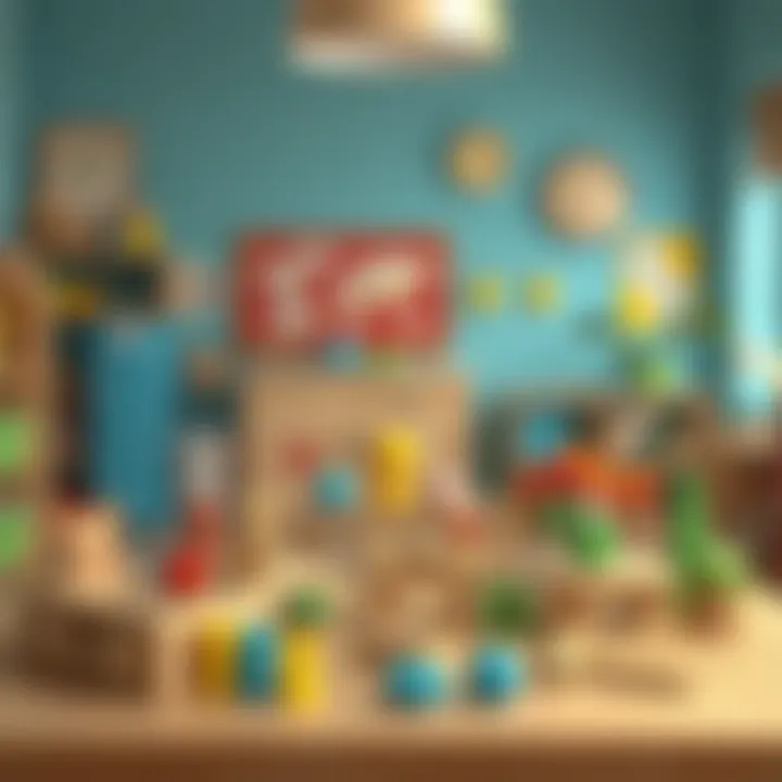 Educational wooden toys arranged for a classroom setting