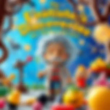 A vibrant scene depicting Einstein's major discoveries represented in a child-friendly format.