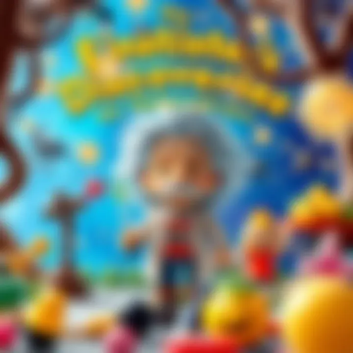 A vibrant scene depicting Einstein's major discoveries represented in a child-friendly format.