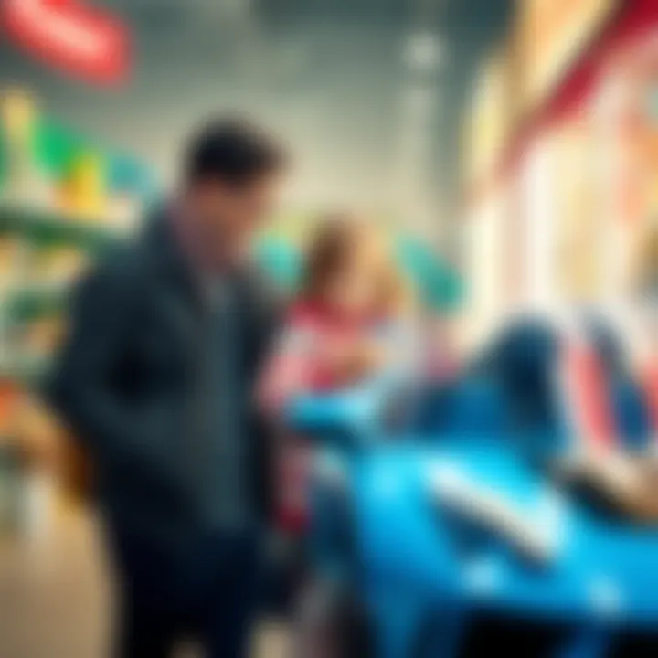 Parent and child selecting electric car toys at a store