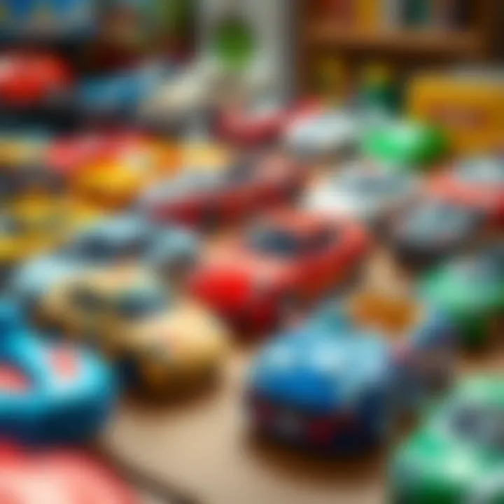 Variety of electric car toys displayed on a table