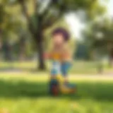 A child joyfully riding an Evo scooter in a park.