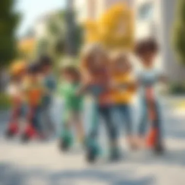 Group of children playing together with their Evo scooters.