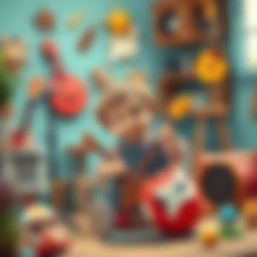 A child exploring various musical instruments in a playful environment