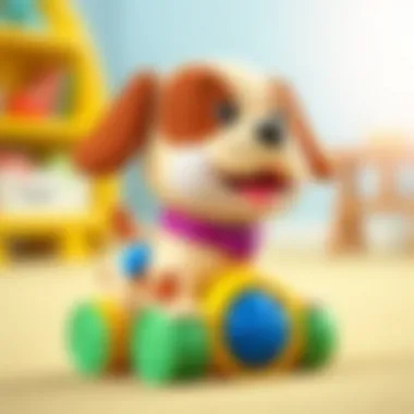 A close-up of a Fisher Price dog toy showcasing its educational features