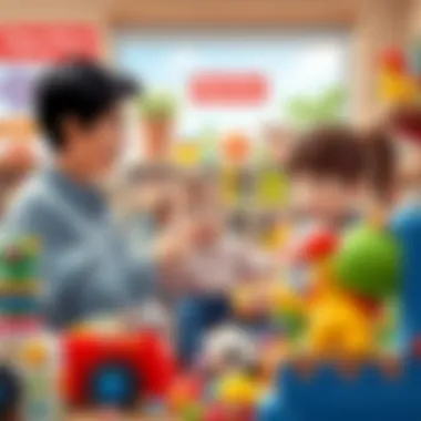 Parents selecting Fisher Price toys with their child