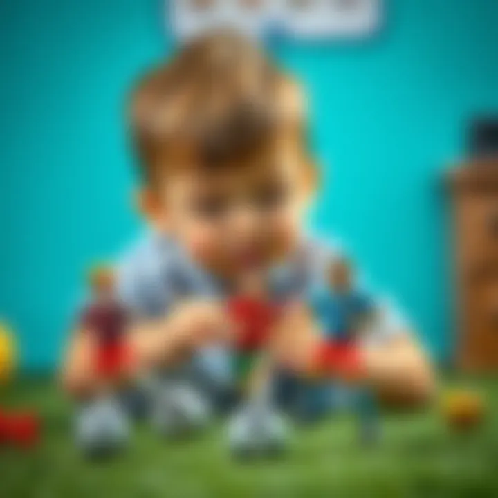 A child engaged in play therapy using football player models