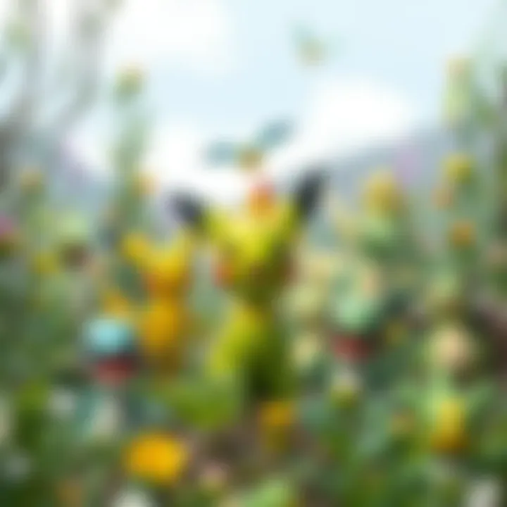 A collection of various green Pokémon in a lush, natural setting