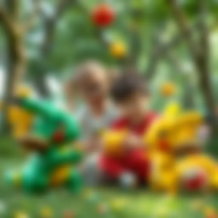 Children interacting with green Pokémon toys, highlighting their developmental benefits