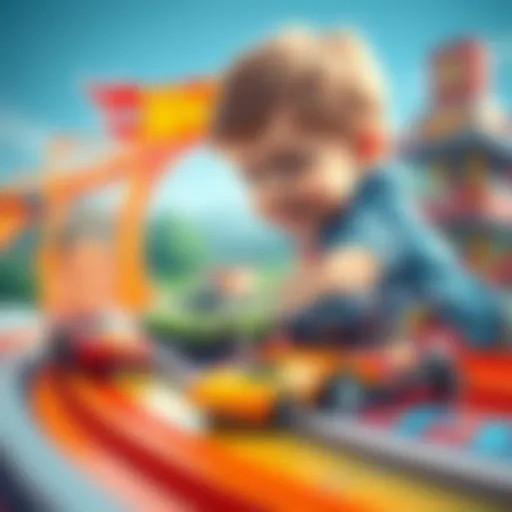 A child playing with Hot Wheels cars on a vibrant track