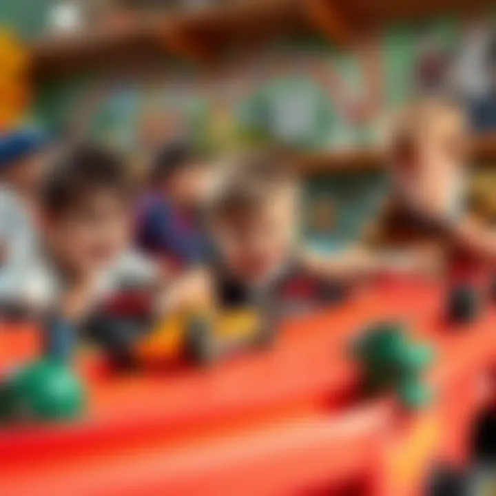 Children Enjoying Hot Wheels Track Play Children engaging in play with Hot Wheels tracks
